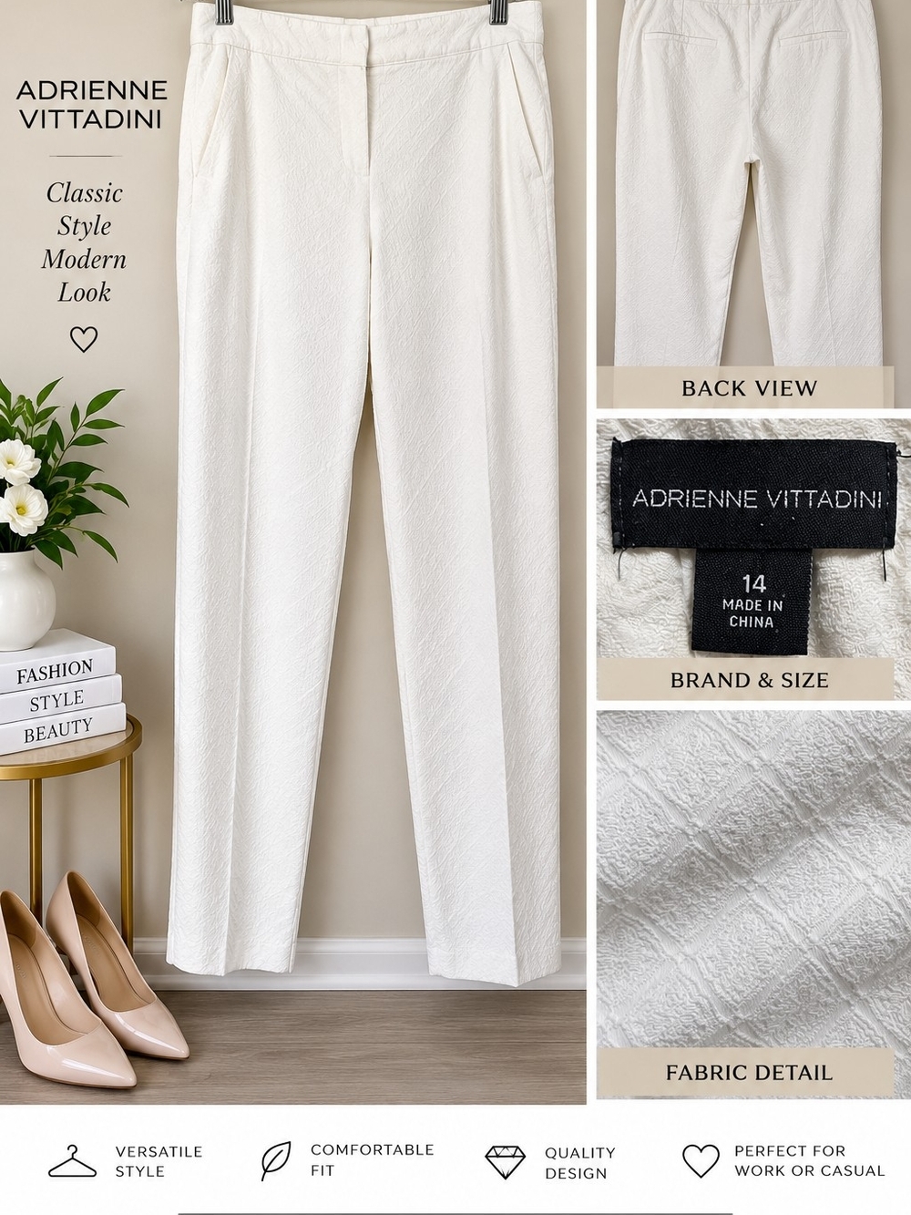 Adrienne Vittadini Cream Textured Straight-Leg Trousers